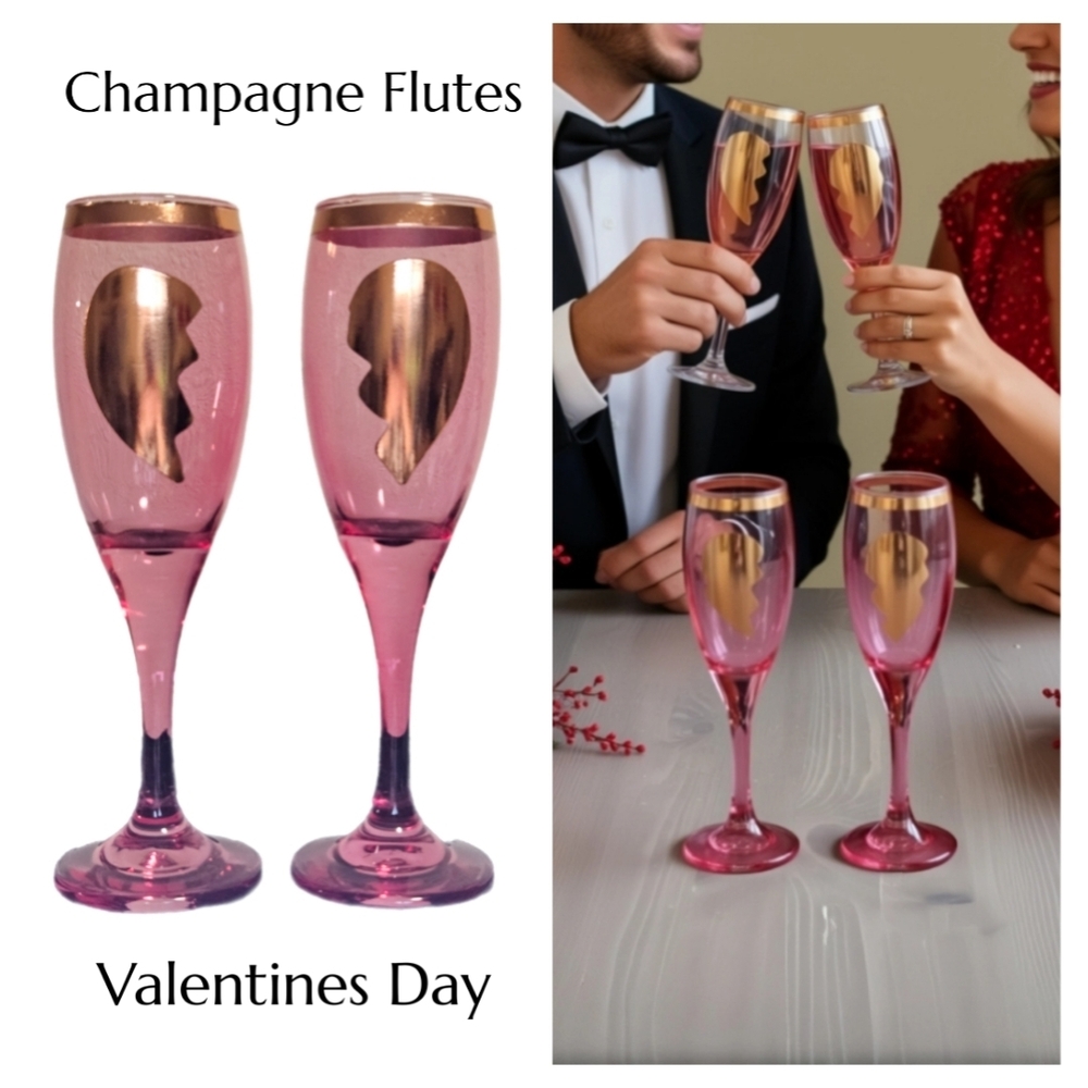 Valentines Day Pink and Gold Champagne Flutes New In Box